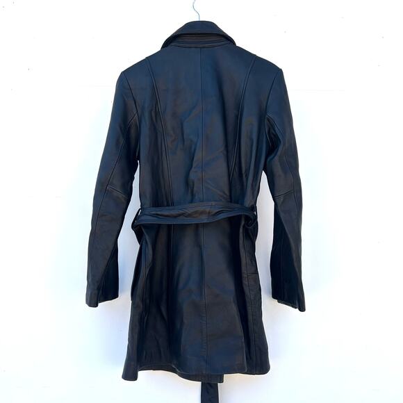 Mossimo Genuine Leather Belted Trench Coat Black Jacket Medium Y2K Buttons - Picture 4 of 10